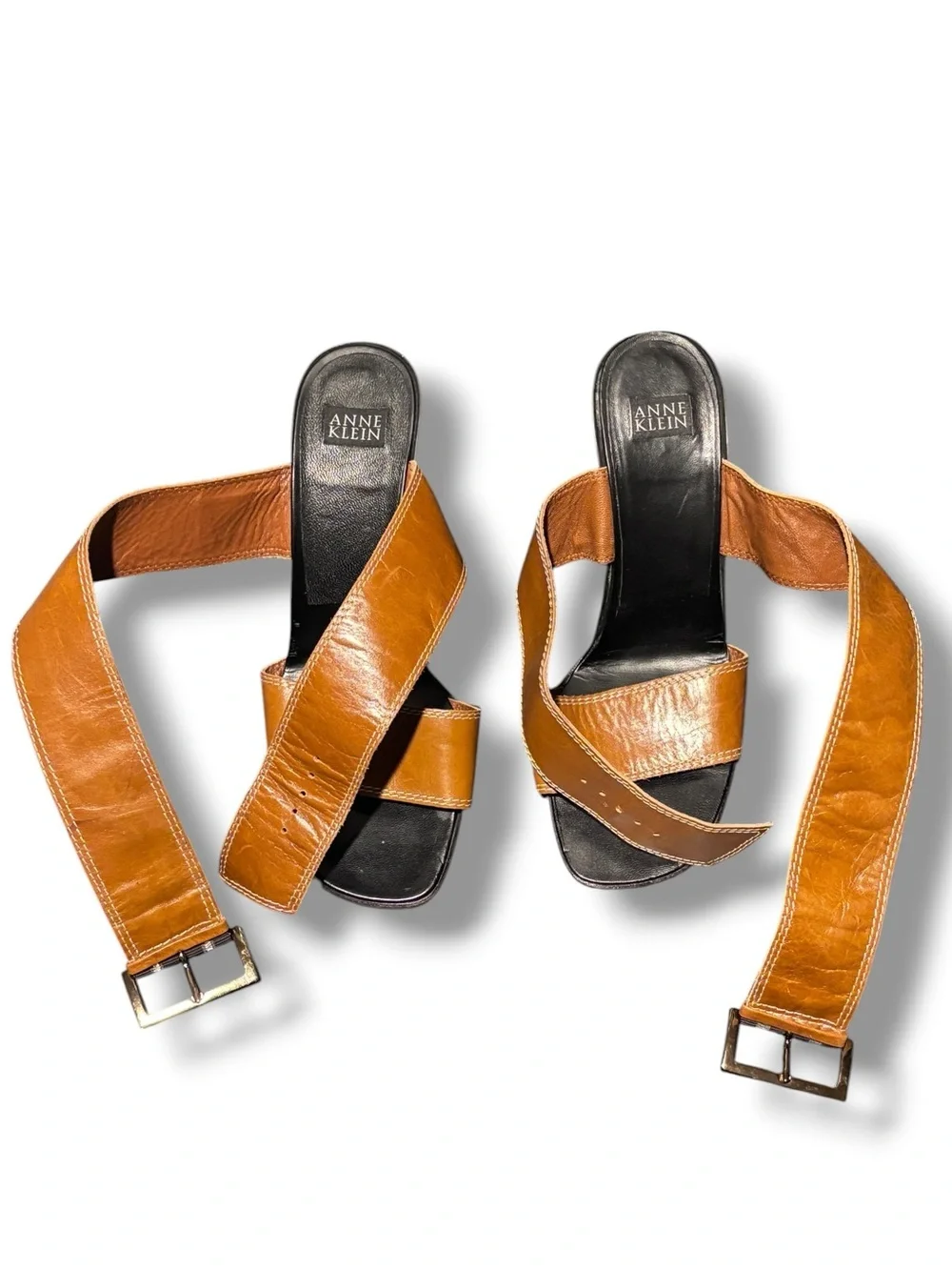 ANNE KLEIN Brown Wide Leather Ankle Wrap Wedges Contrast Stitching